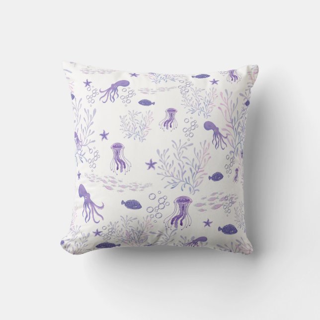 Purple White Sealife Fish Octopus Jellyfish  Cushion (Front)