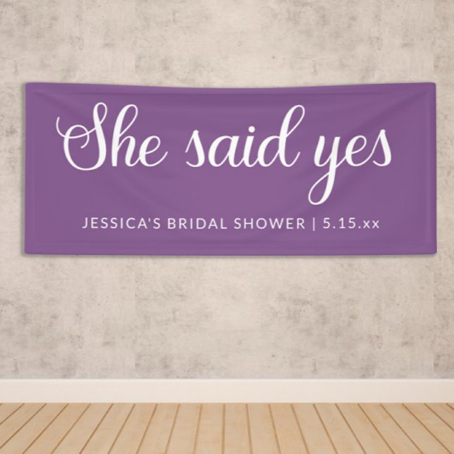 Purple White She Said Yes Bridal Shower  Banner (Purple "She said Yes" bridal shower sign personalized with a name and date.)