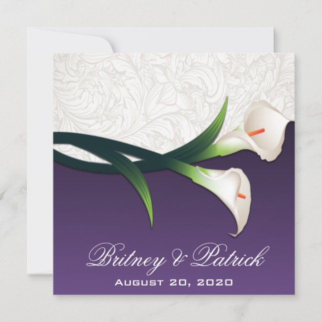 Purple White Silver Calla Lily Wedding Invitations (Front)