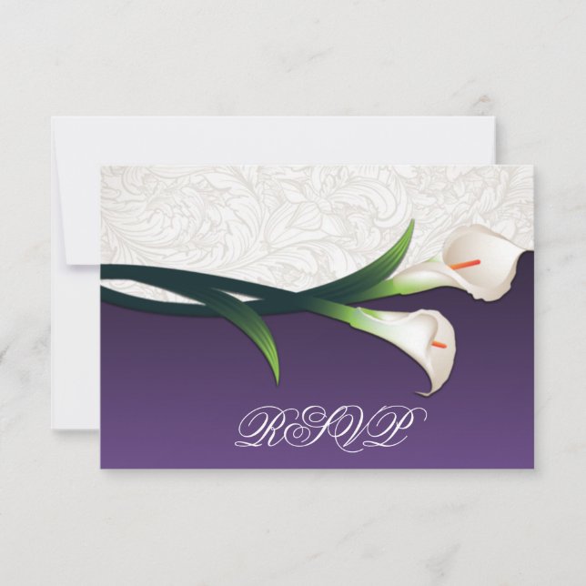 Purple, White Silver Calla Lily Wedding RSVP Cards (Front)