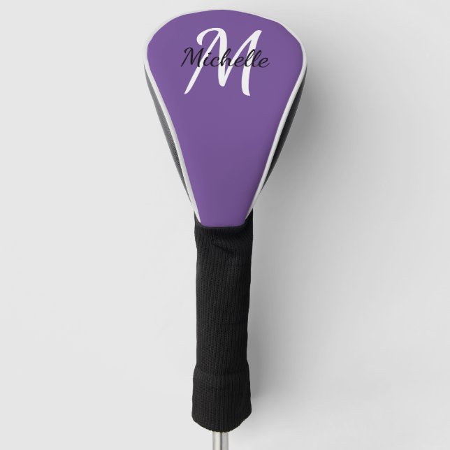 Purple & White Simple Monogram Classic Trendy Golf Head Cover (Front)