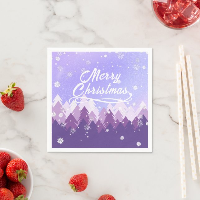 Purple White Snow Peaceful Forest Merry Christmas Napkin (Insitu)