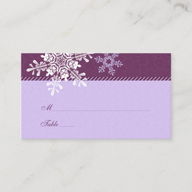 Purple White Snowflake Winter Wedding Place Cards (Front)