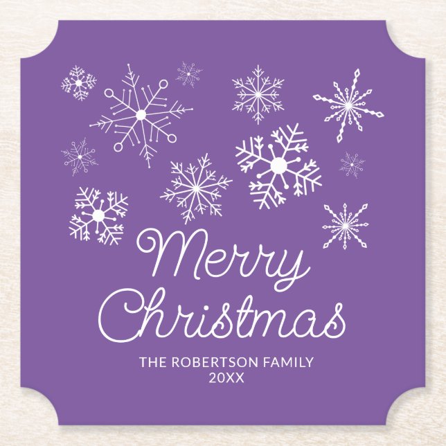 Purple White Snowflakes Christmas Party Paper Coaster (Front)