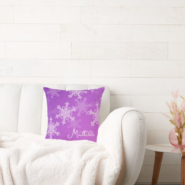 Purple White Snowflakes Minimalist Christmas Name Cushion (Couch)
