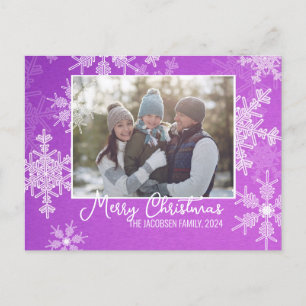 Purple White Snowflakes Minimalist Christmas Photo Holiday Postcard