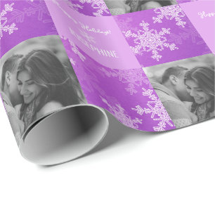 Purple White Snowlfake Minimalist Photo Christmas  Wrapping Paper