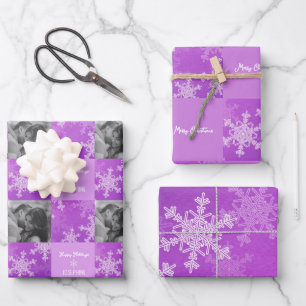 Purple White Snowlfake Minimalist Photo Christmas Wrapping Paper Sheet