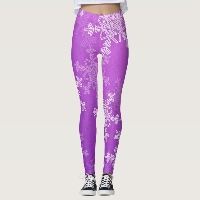 Purple White Snowllakes Minimalist Christmas Leggings (Front)