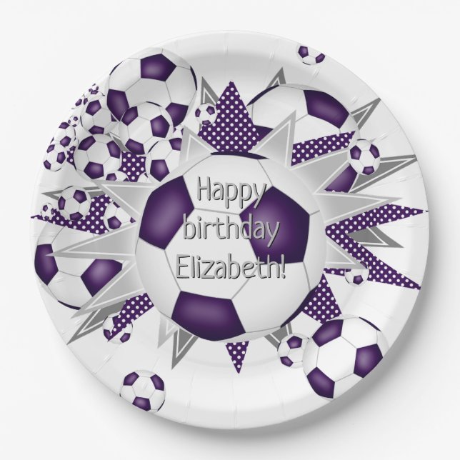 Purple white soccer balls stars birthday  paper plate (Front)