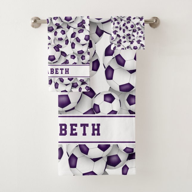 purple white soccer graduation personalised  bath towel set (Insitu)