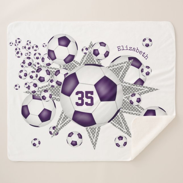 purple white sports room soccer ball blowout sherpa blanket (Front (Horizontal))