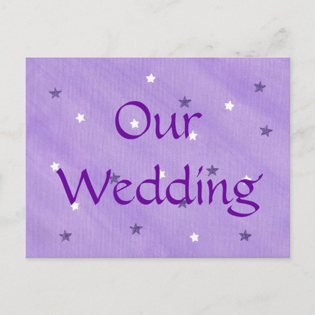 Purple & white stars, wedding invitation postcards (Front)