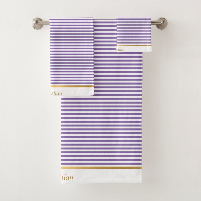 PURPLE WHITE STRIPED PATTERN TRIM TOWEL SET (Insitu)