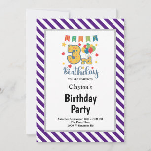 Purple/White Stripes Framed 3rd Birthday Party Invitation