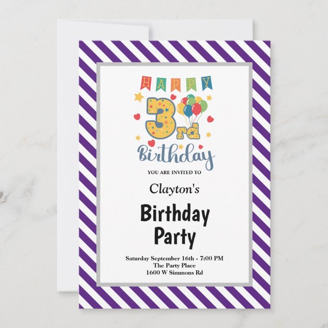Purple/White Stripes Framed 3rd Birthday Party Invitation (Front)