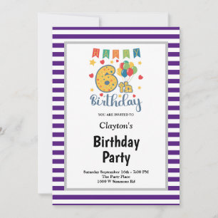Purple/White Stripes Framed 6th Birthday Party Invitation