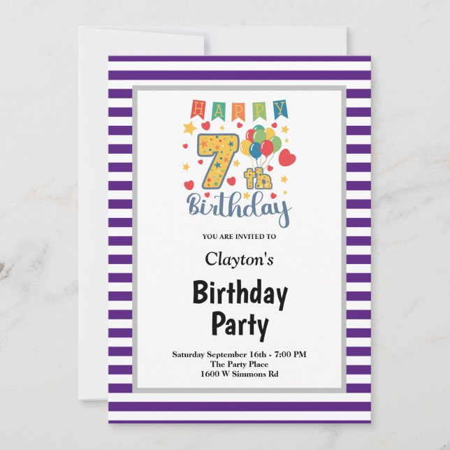 Purple/White Stripes Framed 7th Birthday Party Invitation (Front)
