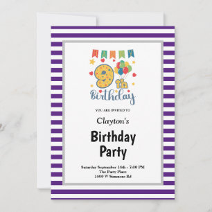 Purple/White Stripes Framed 9th Birthday Party Invitation