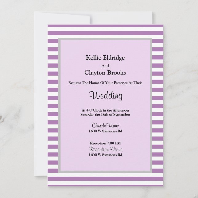 Purple/White Stripes Framed Wedding Invitation (Front)