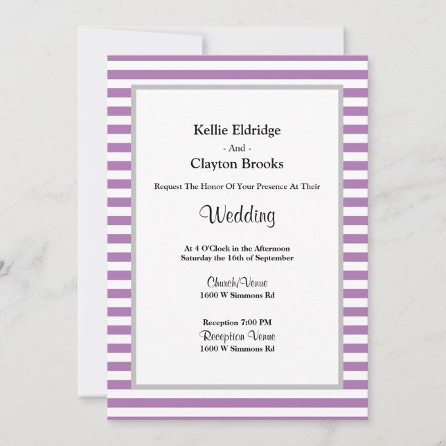 Purple/White Stripes Framed Wedding Invitation (Front)