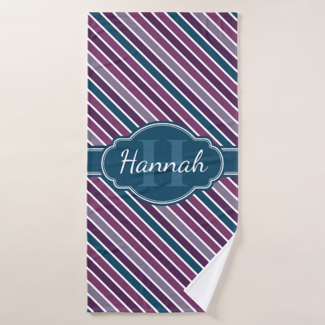 Purple White Teal Bold Stripe Pattern Monogram Bath Towel (Bath Towel)