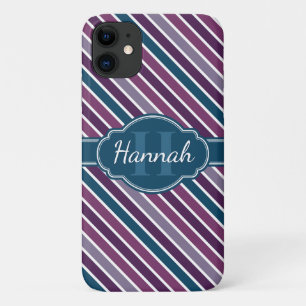 Purple White Teal Bold Stripe Pattern Monogram iPhone 11 Case