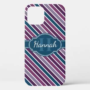 Purple White Teal Bold Stripe Pattern Monogram iPhone 12 Case