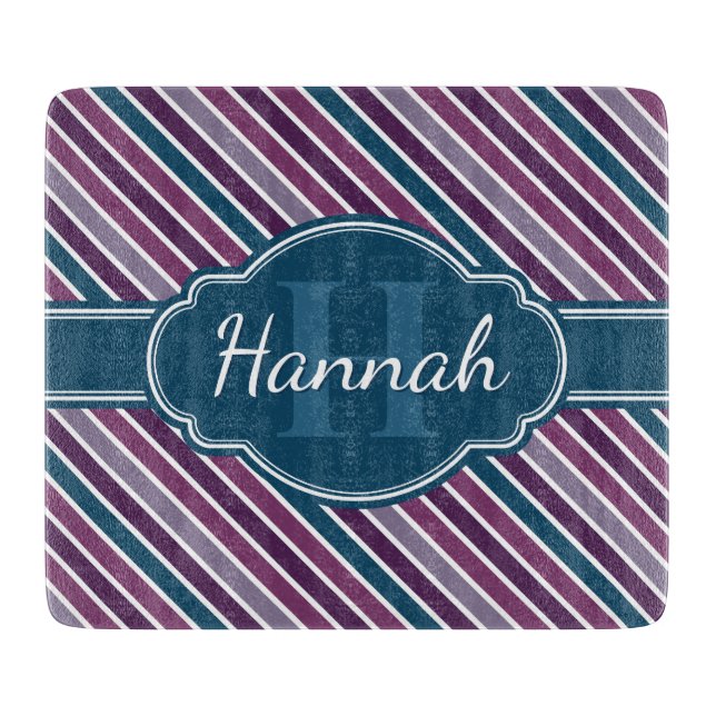 Purple White Teal Bold Stripe Pattern Monogram Cutting Board (Front)
