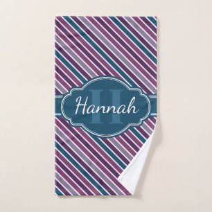 Purple White Teal Bold Stripe Pattern Monogram Hand Towel