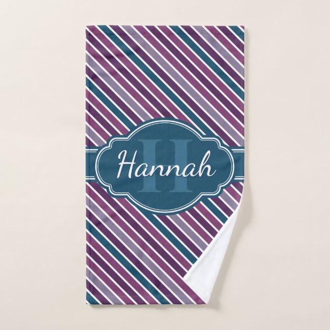 Purple White Teal Bold Stripe Pattern Monogram Hand Towel (Hand Towel)