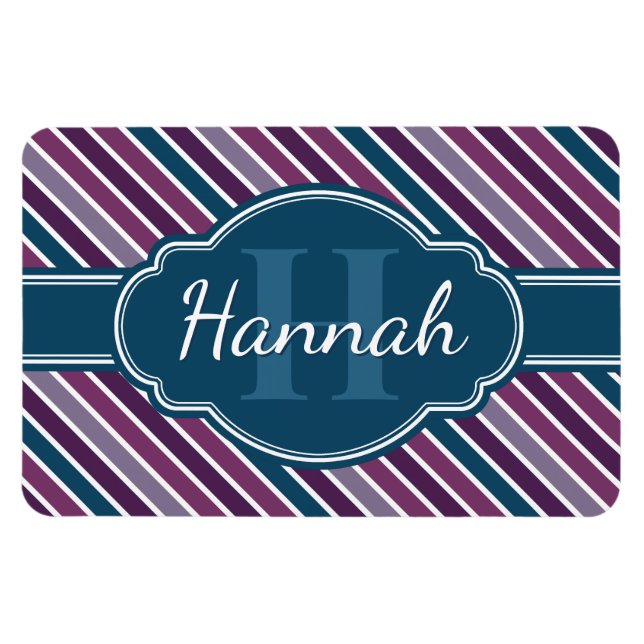 Purple White Teal Bold Stripe Pattern Monogram Magnet (Horizontal)