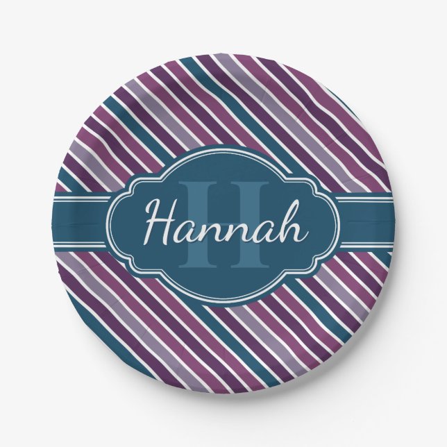 Purple White Teal Bold Stripe Pattern Monogram Paper Plate (Front)