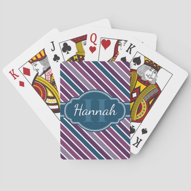 Purple White Teal Bold Stripe Pattern Monogram Playing Cards (Back)