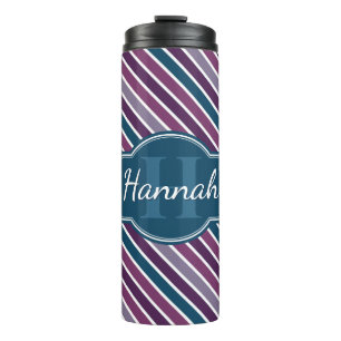 Purple White Teal Bold Stripe Pattern Monogram Thermal Tumbler