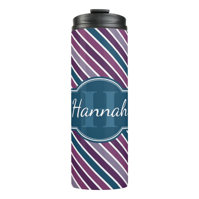 Purple White Teal Bold Stripe Pattern Monogram Thermal Tumbler (Front)