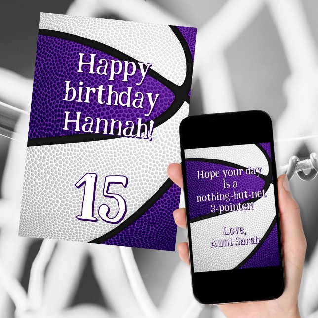 Purple white team colours girls basketball birthda card (front of card (printed), back of card (downloaded))