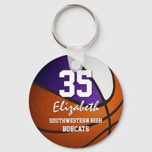 Purple white team colours girls boys basketball key ring