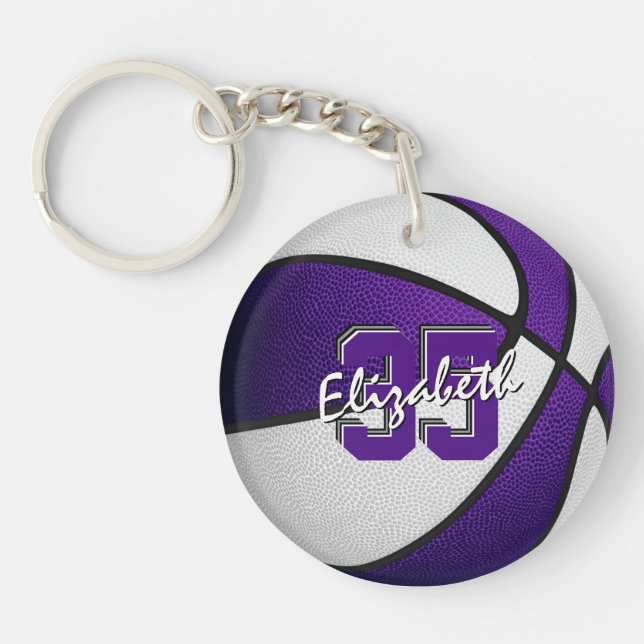 purple white team colours girls boys basketball key ring (Front)