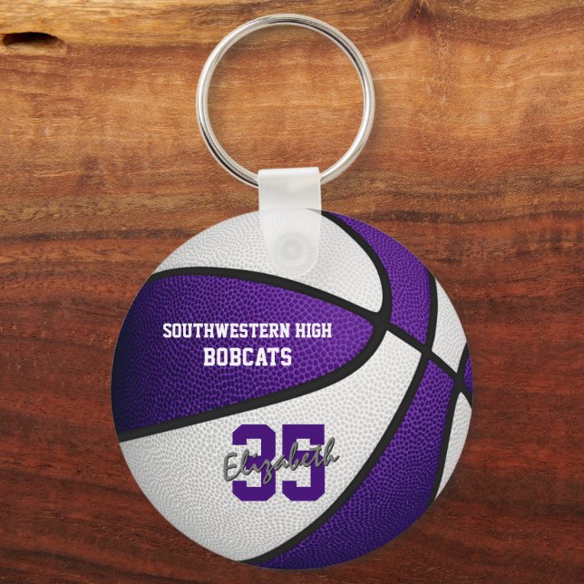 purple white team colours girls boys basketball key ring (Front)