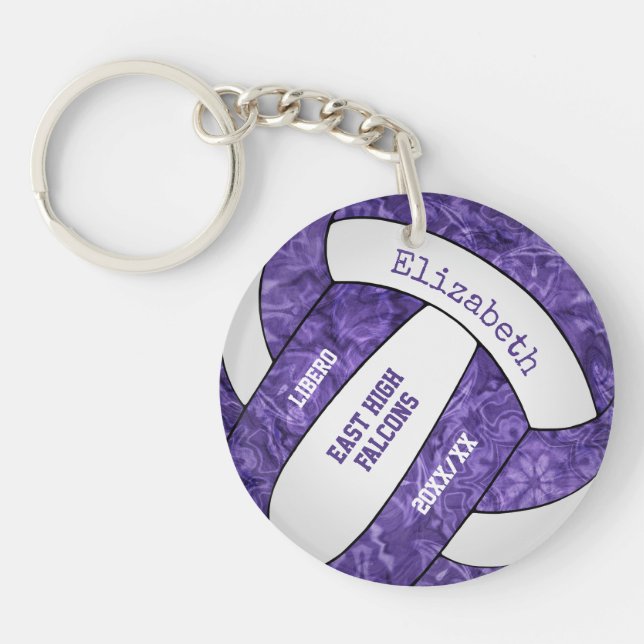 purple white team colours personalised volleyball key ring (Front)