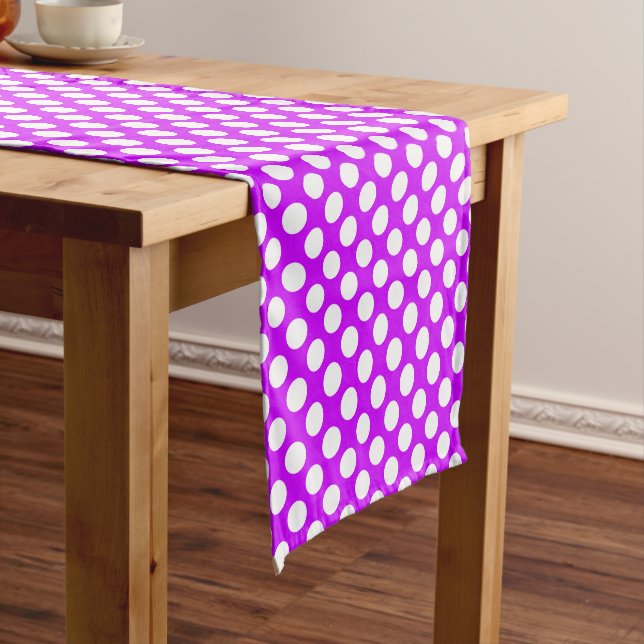 Purple white tiled polka dot pattern short table runner (In Situ)