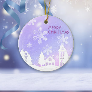 Purple White Translucent Snowflakes Snow House Ceramic Ornament