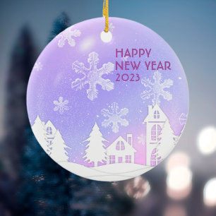 Purple White Translucent Snowflakes Snow House Ceramic Ornament