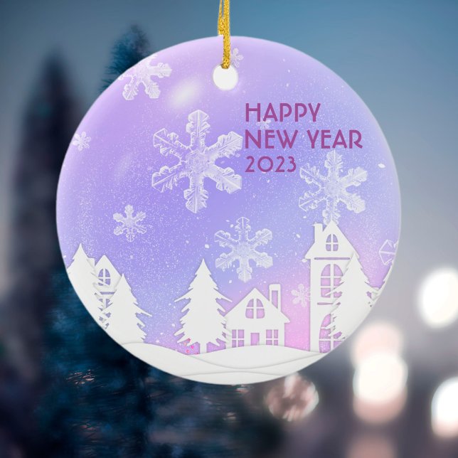 Purple White Translucent Snowflakes Snow House Ceramic Ornament (Creator Uploaded)