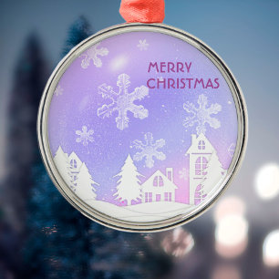 Purple White Translucent Snowflakes Snow House Metal Ornament