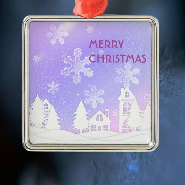 Purple White Translucent Snowflakes Snow House  Metal Ornament (Creator Uploaded)
