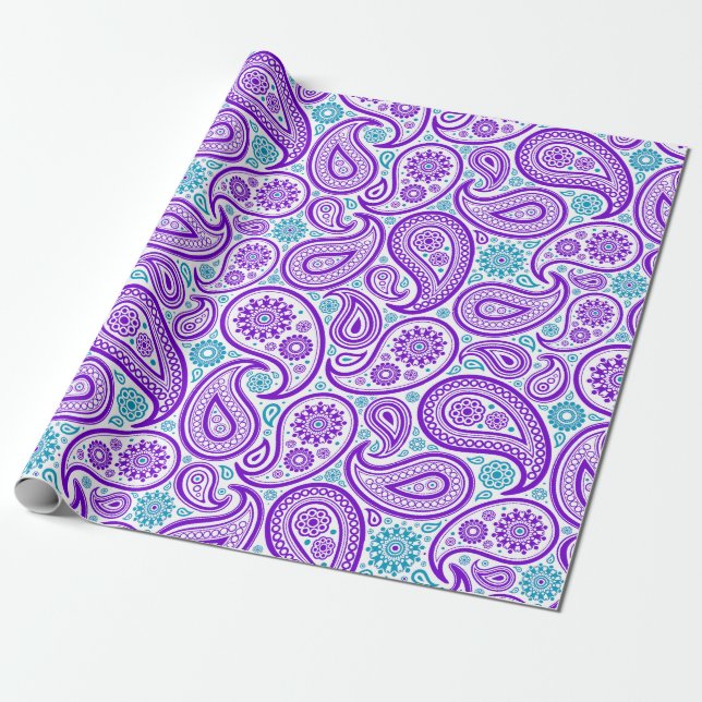Purple white & turquoise paisley pattern wrapping paper (Unrolled)