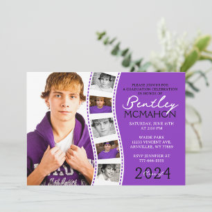 Purple & White Unique Filmstrip 6 Photo Graduation Invitation