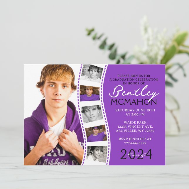 Purple & White Unique Filmstrip 6 Photo Graduation Invitation (Creator Uploaded)